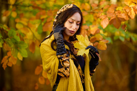 beautiful woman with a blanket enjoys autumn and enjoys the leaves.の写真素材