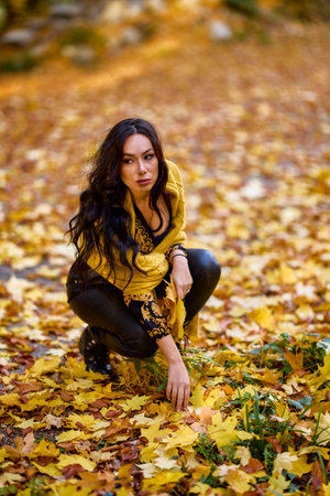 beautiful woman with a blanket enjoys autumn and enjoys the leaves.の写真素材