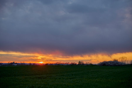 sunset over an agricultural field somewhere in the countryの写真素材