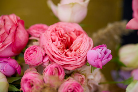 landscape with a floral arrangement of various rosesの写真素材