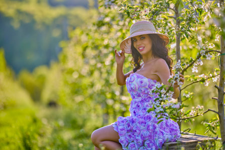portrait of a beautiful woman in a dress sitting on a bench in a blooming apple orchard with a blurred backgroundの写真素材