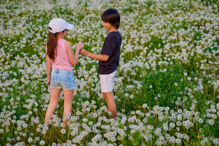 two cute children playing in a dandelion meadow.