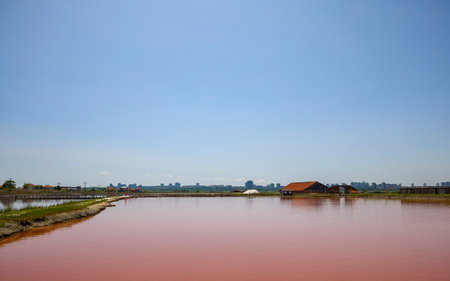 landscape from Lake Atanasovsko Salt located near Burgas in Bulgaria Famous for its pink color, Desalination lake now used for treatmentsの写真素材
