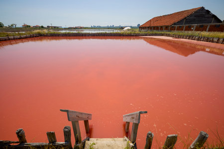 landscape from Lake Atanasovsko Salt located near Burgas in Bulgaria Famous for its pink color, Desalination lake now used for treatmentsの写真素材