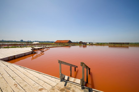 landscape from Lake Atanasovsko Salt located near Burgas in Bulgaria Famous for its pink color, Desalination lake now used for treatmentsの写真素材
