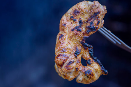 a piece of grilled meat on a fork with a blurred background.の写真素材