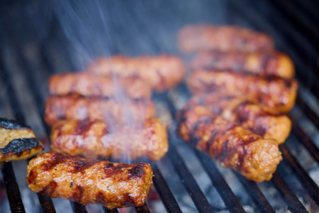 (Mici), traditional Romanian meat dishes on a grill during the cookingの写真素材