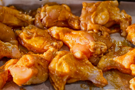 Chicken wings with tomato sauce and paprika ready to be cookedの写真素材