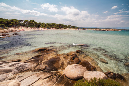 Beautiful landscape with rocky shore of the beach on the Mediterranean Sea in Greece, Travel concept.の写真素材