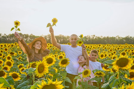 A beautiful family on a farm enjoys a sunflower field together