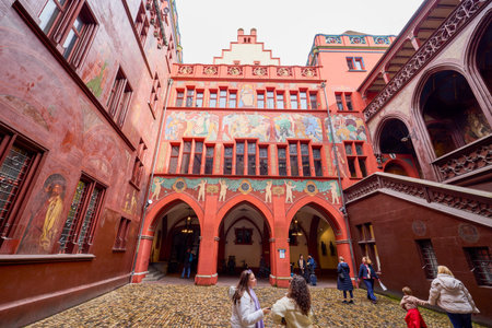 Basel Switzerland October 21, 2025. The Basel Town Hall (German: Rathaus Basel, locally known as Roothuus) is a 500-year-old building dominating the Marktplatz in Basel, Switzerland.のeditorial素材