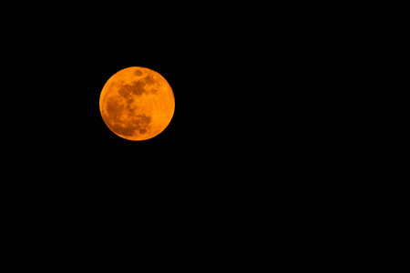 Landscape with the red full moon of March 3, 2026 before the eclipse positioned in one third of the imageの写真素材