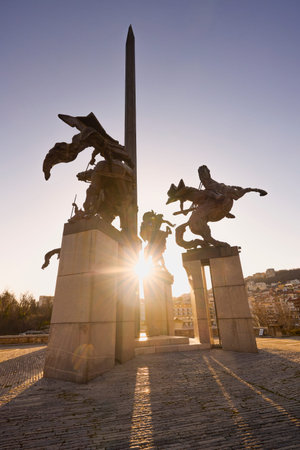 Veliko Tarnovo Bulgaria, March 13, 2026. The majestic monument (Assenevtsi), also called (The Horsemen). The monument is a creation of impressive dimensions, erected in honor of the Bulgarian kings Assen, Peter, Kaloyan and Ivan Assen II.のeditorial素材