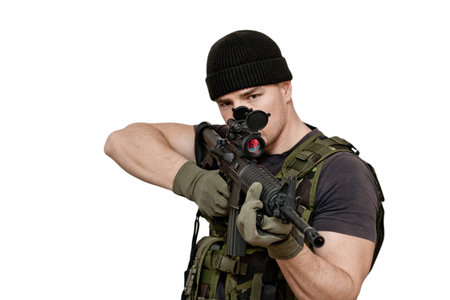 Soldier and modern weapon M4  Isolated on white background