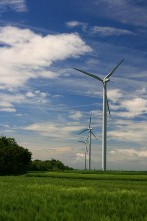 Wind mills plant, blue sky, grassの写真素材