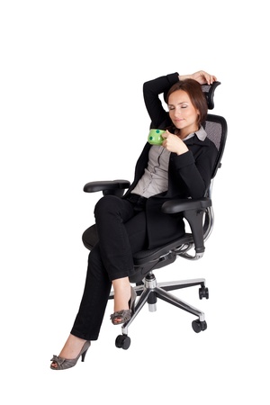 Manager sitting and drinking coffee  Isolated on white backgroundの写真素材