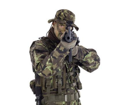 Soldier in camouflage and modern weapon M4  Isolatedの写真素材