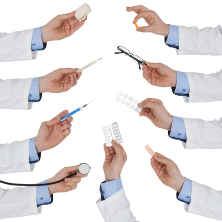 Set of doctor hand with medical tool, isolated on white backgroundの写真素材
