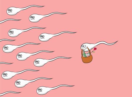 Swimming sperms and one romantic sperm. Cartoon joke, vector illustration.のイラスト素材
