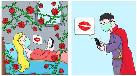 Sleeping Beauty and prince wears a protective medical mask to prevent the Covid-19 virus and maintains social distancing. Coronavirus, social isolation and quarantine concept.のイラスト素材