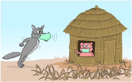 Little pig and wolf wears a protective medical mask to prevent the Covid-19 virus. Coronavirus, social isolation and quarantine concept.のイラスト素材