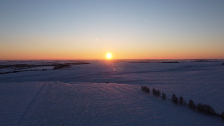 Sunset in winter. Winter forest texture. Aerial viewの写真素材