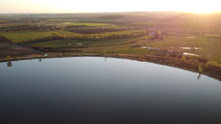 aerial view clear bright day showing calm waters on the inland lochの写真素材