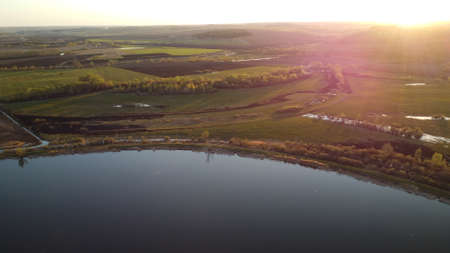 aerial view clear bright day showing calm waters on the inland lochの写真素材