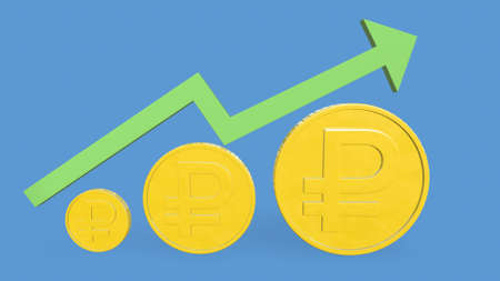 russian ruble currency with up arrow, russian ruble currency value concept is on the rise, 3d rendering.の写真素材