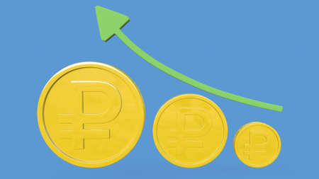 russian ruble currency with up arrow, russian ruble currency value concept is on the rise, 3d rendering.の写真素材