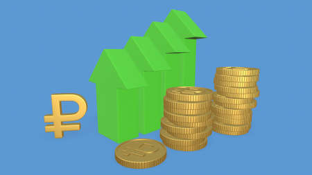 russian ruble currency with up arrow, russian ruble currency value concept is on the rise, 3d rendering.の写真素材