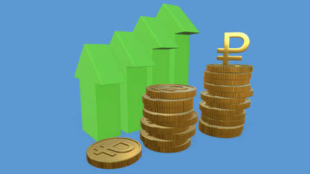 russian ruble currency with up arrow, russian ruble currency value concept is on the rise, 3d rendering.の写真素材