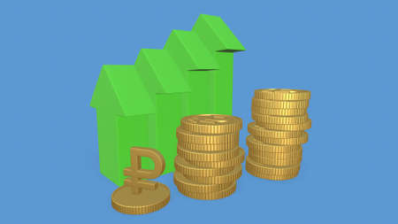 russian ruble currency with up arrow, russian ruble currency value concept is on the rise, 3d rendering.の写真素材