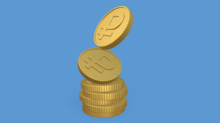 Russian ruble currency symbol with a stack of coins. 3D rendering.の写真素材