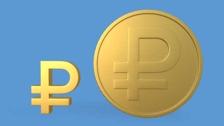 Russian ruble currency symbol with a stack of coins. 3D rendering.の写真素材