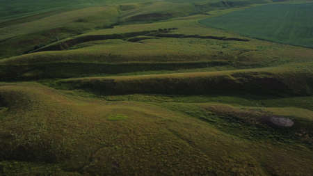 Aerial view of summer fields being, farmland and country landscapeの写真素材