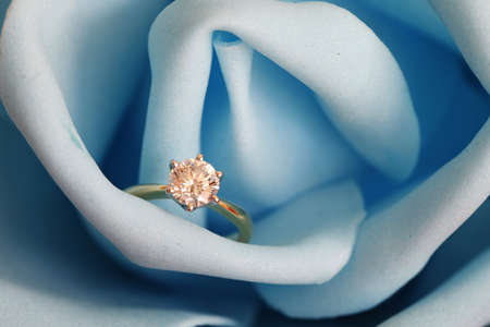Solitaire engagement diamond ring (ideal cut) encrusted on 18K gold ring embedded in blue rose. の写真素材