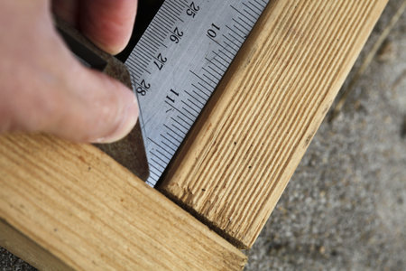 Doing calculations to ensure right angle on the wooden beam.の写真素材