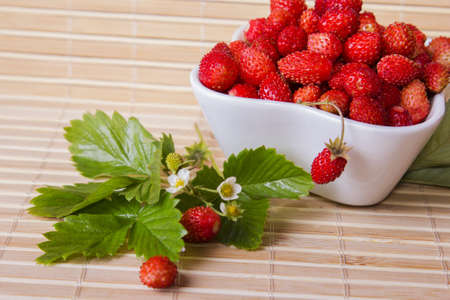 Wild strawberries in a small bowl, surrounded by leaves on the wooden padの写真素材