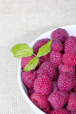raspberries in a white bowlの写真素材