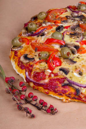 homemade pizza with olives, mushrooms and paprikaの写真素材
