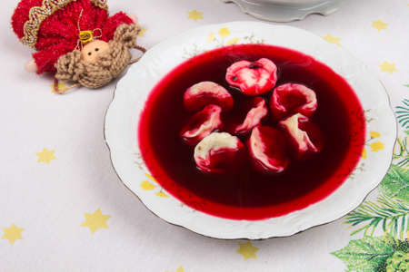 Red borsch with uszka, traditional Christmas Eve dishの写真素材
