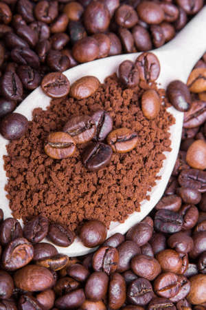 instant coffee on coffee beans backgroundの写真素材