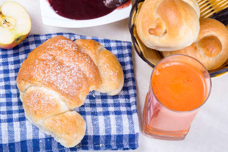 croissant, juice, bagels and jam, breakfast ingredientsの写真素材