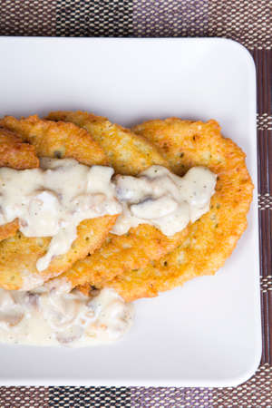 potato pancakes with mushroom sauceの写真素材