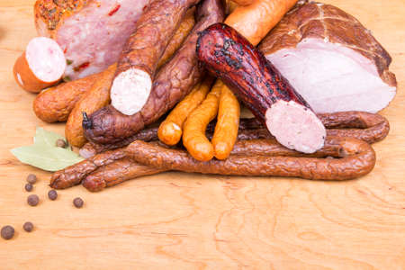 meat products on a wooden tableの写真素材