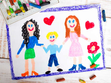 drawing of a happy couple of lesbians and adopted childの写真素材