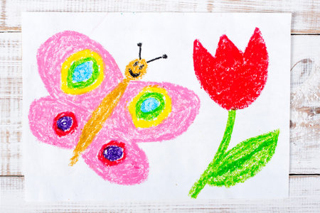 colorful drawing: happy butterfly and beautiful tulip
