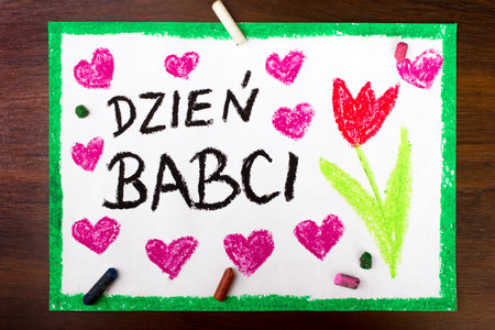 Color drawing: grandmother's day card drawn by a Polish child