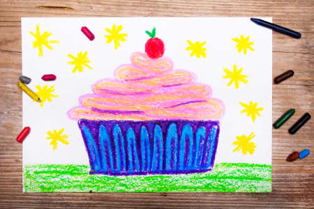Colorful drawing -tasty cupcake with cream and cherryの写真素材